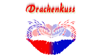 Drachenkuss Logo. Zwei Drachen küssen sich und bilden gleichzeitig die Oberlippe eines Kussmunds, der zur Hälfte blau und rot gefärbt ist.